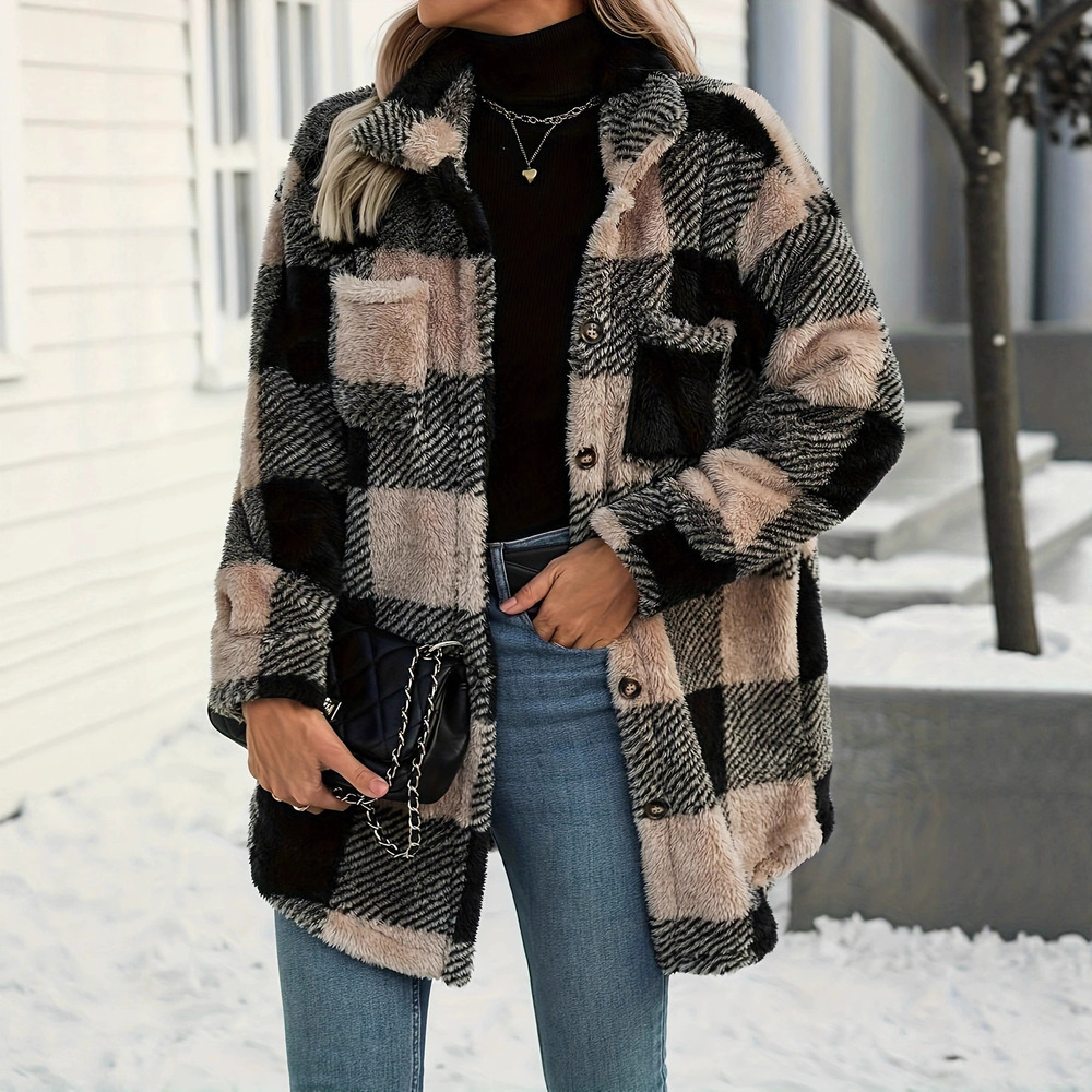 Forever 21 Fall Winter Long-Sleeve Double Pocket Plaid Fleece Plus Size Coat